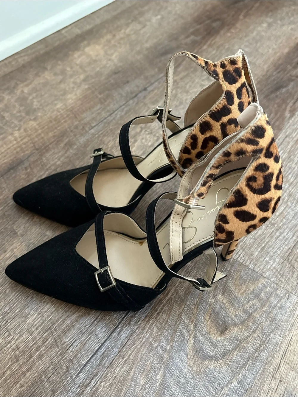 Jessica Simpson Black Pointed-Toe Pumps with Leopard Ankle Straps